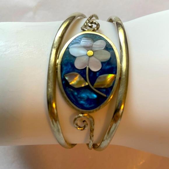 VINTAGE ALPACA MEXICO Blue Flower MOTHER OF PEARL Shell Mosaic CUFF BRACELET - Picture 5 of 12